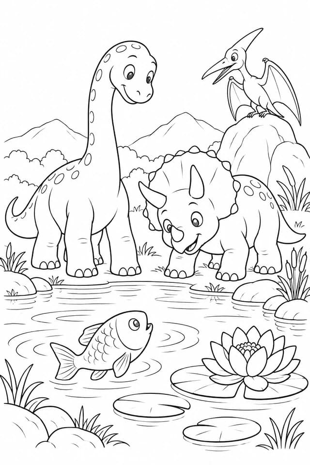Au bord du lac, Nino et Tilia découvrent un poisson et un nénuphar. Un ptérosaure les rejoint pour cette escale tranquille.