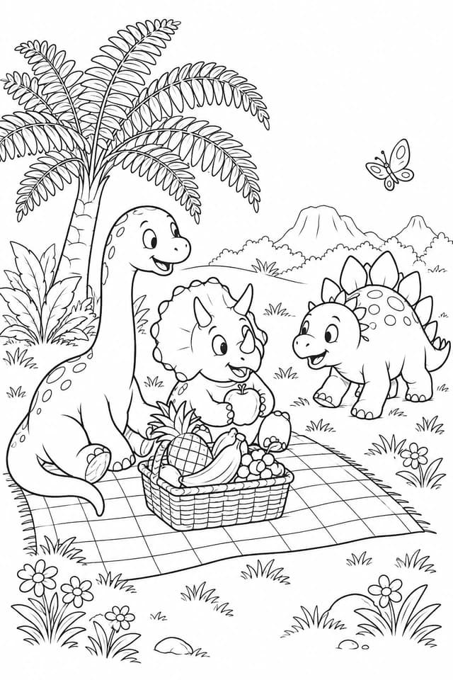 Les petits dinosaures partagent un panier de fruits sur une nappe. Une pause joyeuse à colorier au milieu des plantes de la vallée.