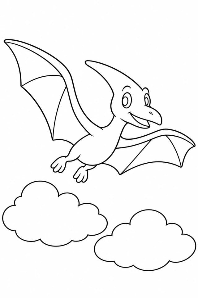 Un ptérosaure souriant vole entre deux gros nuages. Ses grandes ailes permettent aux plus petits de colorier librement.