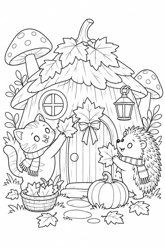 The cat and Pip decorate a cottage with leaves. Mushrooms, a pumpkin and a lantern make their home welcoming.