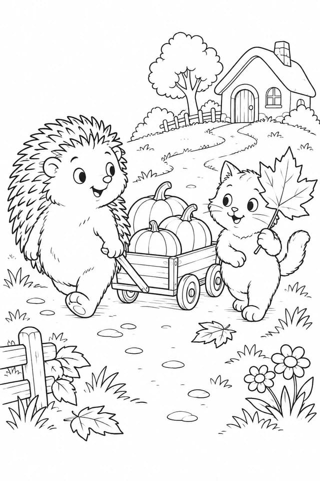 Pip transports pumpkins in a little cart with his cat friend. Colour their trail lined with autumn leaves.