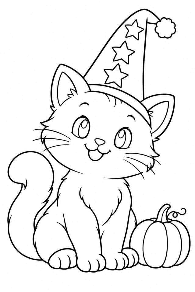 The cat has chosen a starry hat for the celebration. Rounded outlines invite colouring without frightening characters.