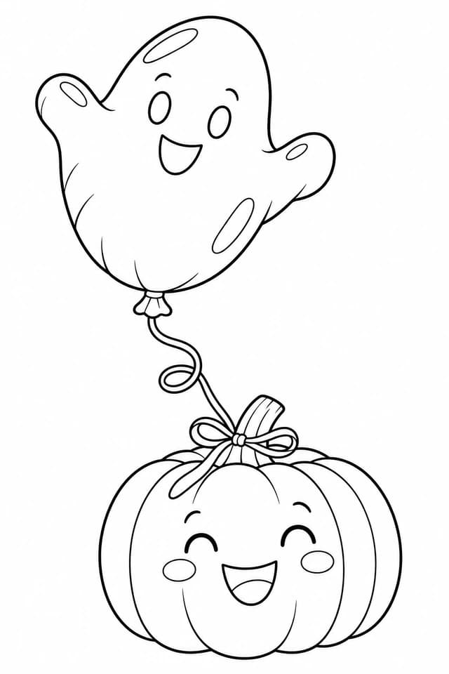 A ghost-shaped balloon floats above a smiling pumpkin. A fun party decoration with large areas to colour.
