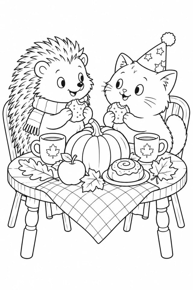 The friends share biscuits beside a pumpkin. Cups, snacks and autumn leaves create their village break.