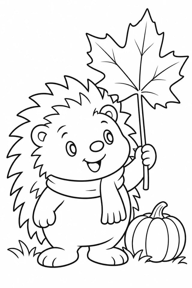 Pip carries a leaf almost as big as he is. His scarf, little paws and a pumpkin form a simple, cheerful scene.