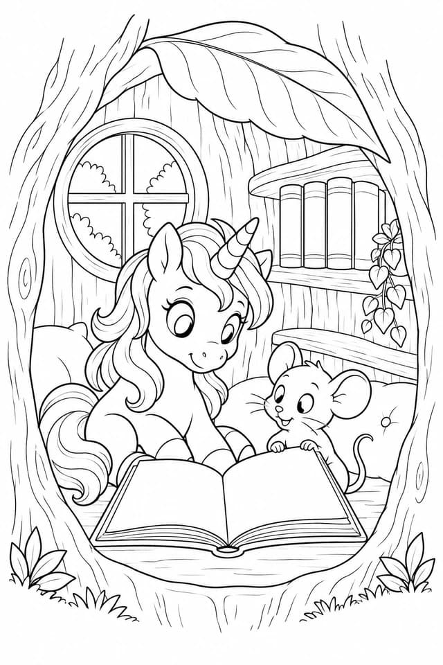 An open book awaits Willow and the mouse inside a hollow tree. Imagine colours for this secret library.