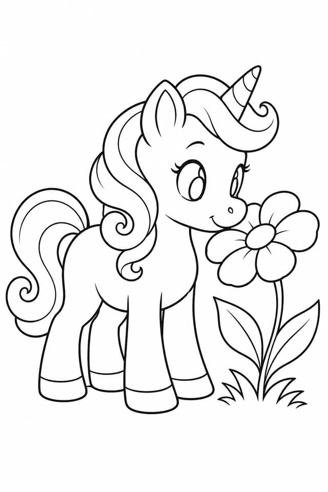 Brindille découvre une grande fleur. Sa crinière et les larges pétales laissent de la place aux premiers coups de crayon.