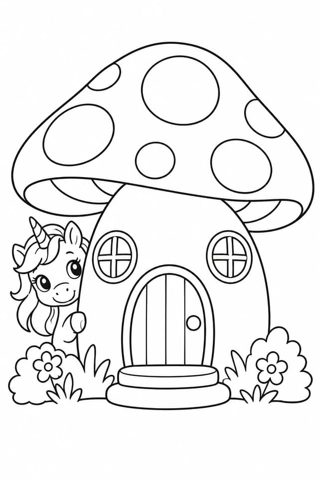 Brindille se cache près d’une maison-champignon. Son grand toit, sa porte et ses fenêtres deviennent une petite maison à inventer.