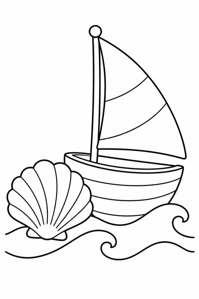 Un petit voilier, une grande voile et un coquillage : une première escale avec de larges espaces à colorier.