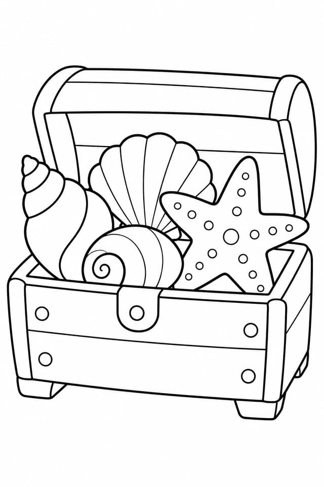 Dans ce coffre, les trésors sont des coquillages et une étoile de mer. Une scène simple, sans petites cases compliquées.