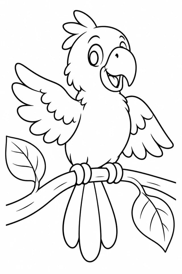Un perroquet curieux ouvre ses ailes sur une branche. De grandes plumes faciles à remplir pour les petites mains.