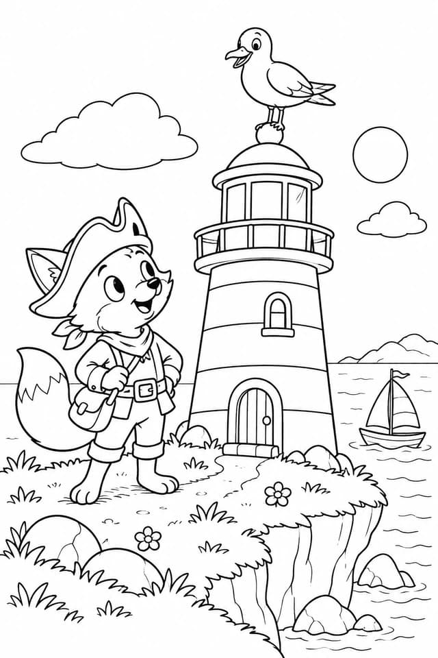 Le capitaine rend visite au phare pendant qu’une mouette monte la garde. Les fenêtres et les vagues racontent son voyage.