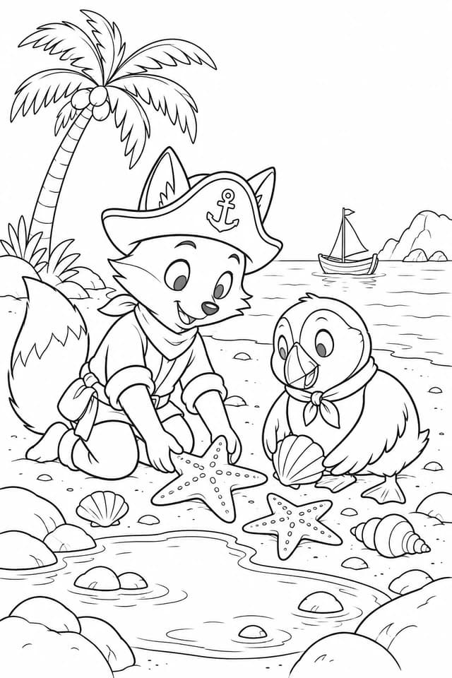 Sur la plage, le capitaine et le macareux observent les étoiles de mer. Une scène de découverte à remplir à ton rythme.