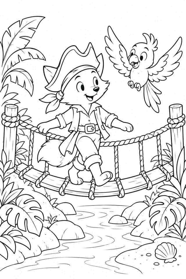 Le capitaine traverse un petit pont de cordes avec son perroquet. Une escale à colorier entre les feuilles et les rochers.