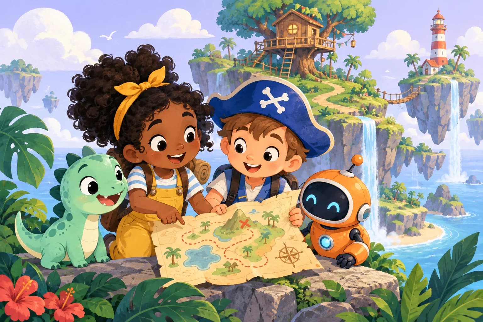 Deux enfants, un petit dinosaure et un robot découvrent une carte au trésor sur une île imaginaire.