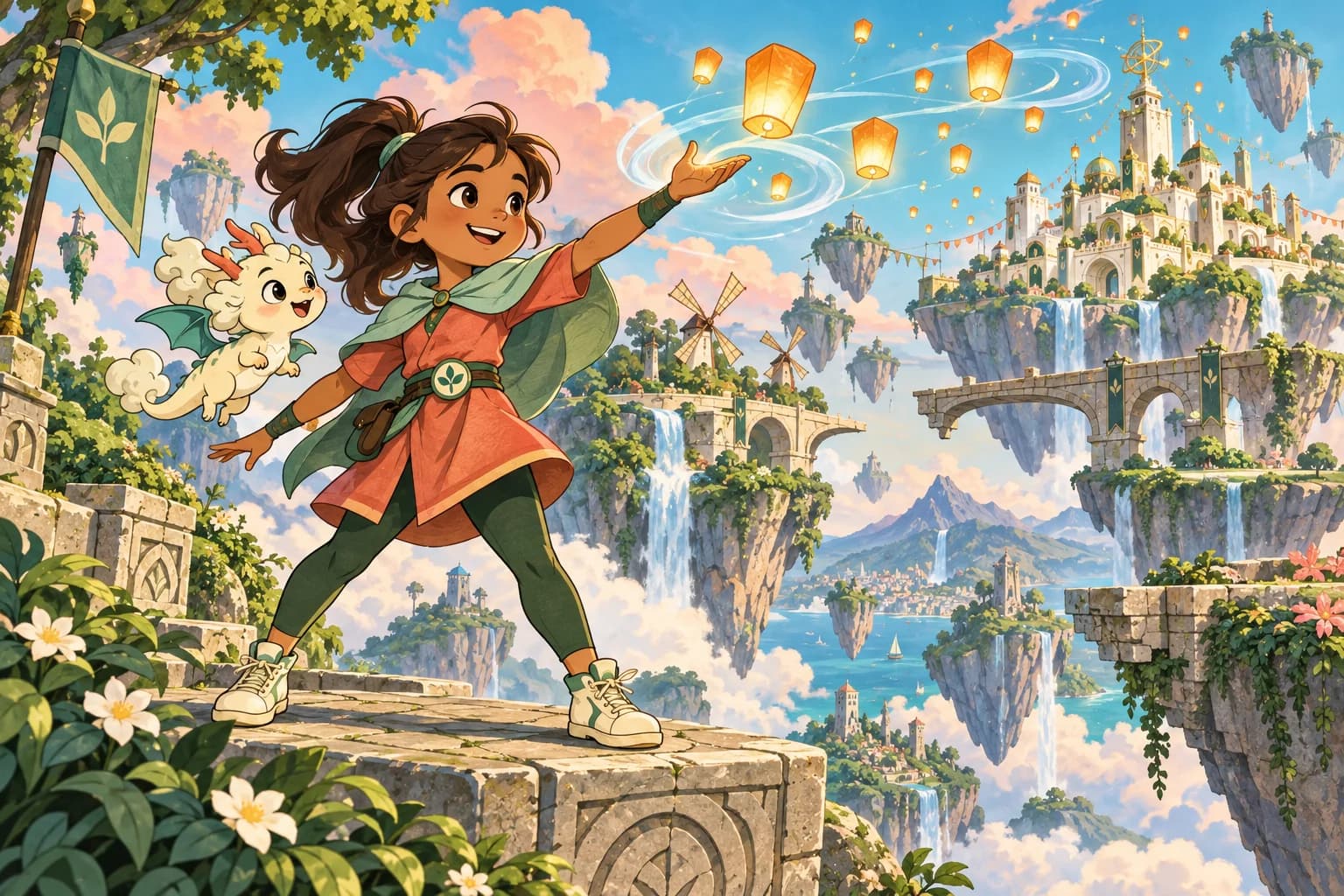 Fern, a fictional character in a mint cape, leads the lantern mission with Nimbo.